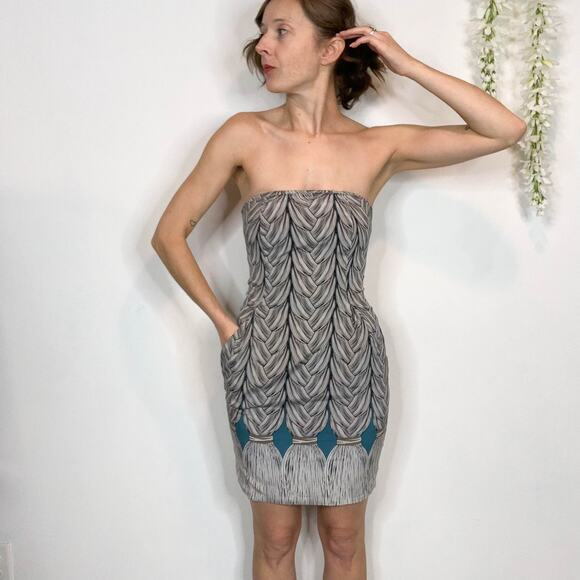 RARE MARA HOFFMAN silk strapless dress braided hair teal white gray 2602 - Picture 9 of 9